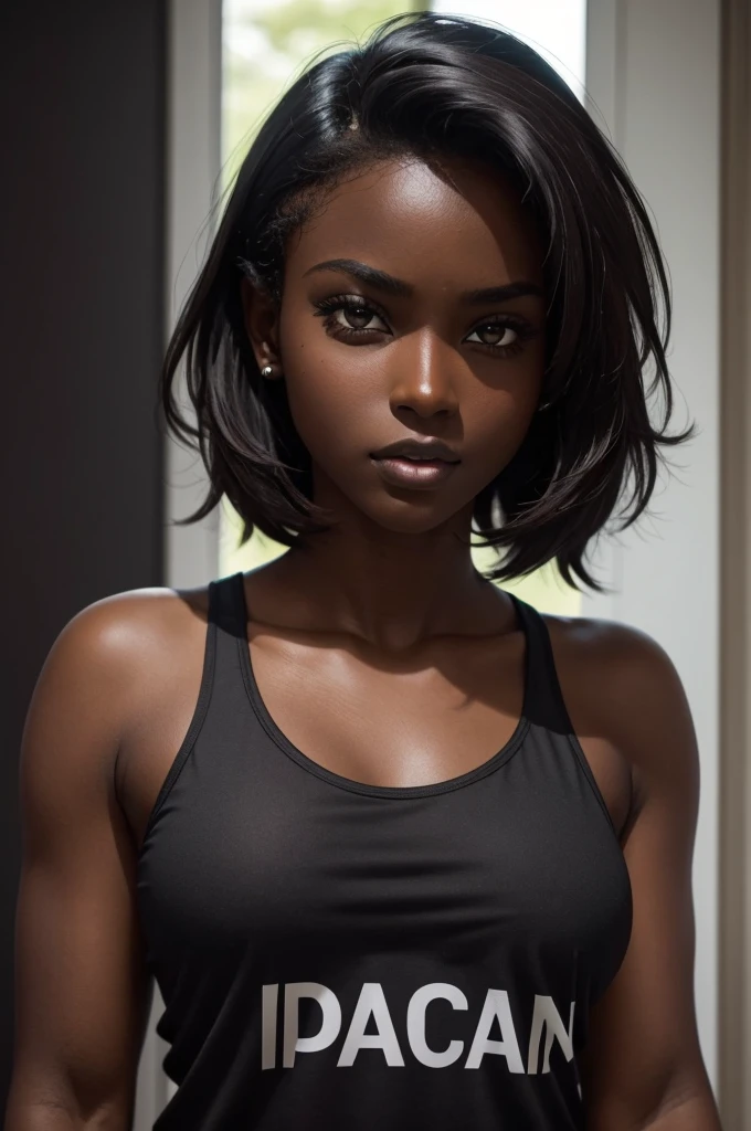 ((Extremely beautiful face)), ((very dark skin)), upper body, ((face focus)), mini tank top, short shorts,