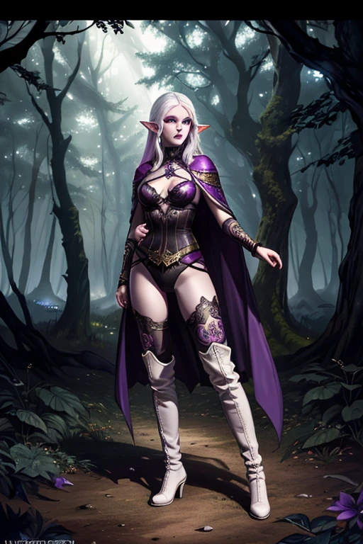 (full body:1.4),((ultra realistic illustration:1.2)),(dark fantasy:1.4), In a mystical forest. Beautiful Elven mage. Wild (magenta hair), violet eyes, ((very pale:1.4)), beautifully fit figure, small perky breasts. (tribal war paint), leather bustier, cape, thigh high boots .Masterpiece, (highly detailed:1.2),(detailed face and eyes:1.2), 8k wallpaper, natural lighting. core shadows, high contrast, bokeh.