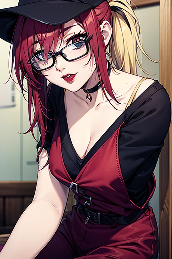 cel shading, detailed eyes, best quality, highly detailed, masterpiece, best quality, half-body, vampire male with short blonde parted hair, cowboy hat, vampire woman wearing black square glasses has hair between eyes long side locks long dark red hair with detailed nose wearing red lipstick with hair in ponytail, black choker, cowboy outfits