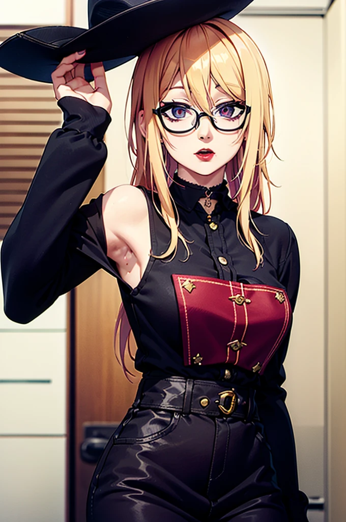 cel shading, detailed eyes, best quality, highly detailed, masterpiece, best quality, half-body, vampire male with short blonde parted hair, cowboy hat, vampire woman wearing black square glasses has hair between eyes long side locks long dark red hair with detailed nose wearing red lipstick with hair in ponytail, black choker, cowboy outfits