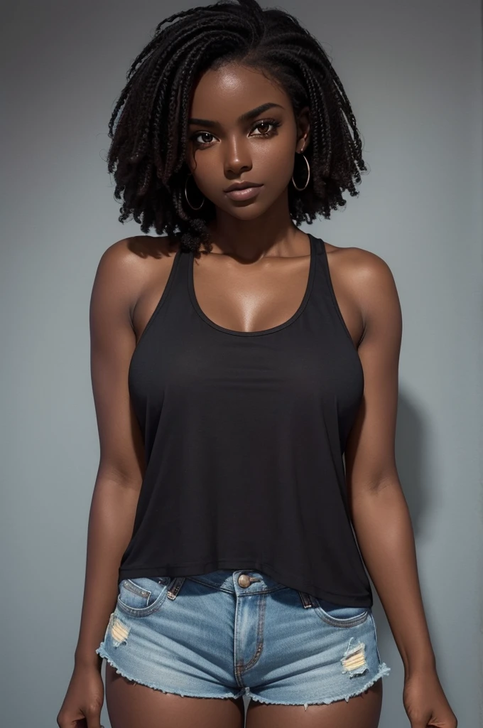 ((Extremely beautiful face)), ((very dark skin)), upper body, ((face focus)), mini tank top, short shorts,