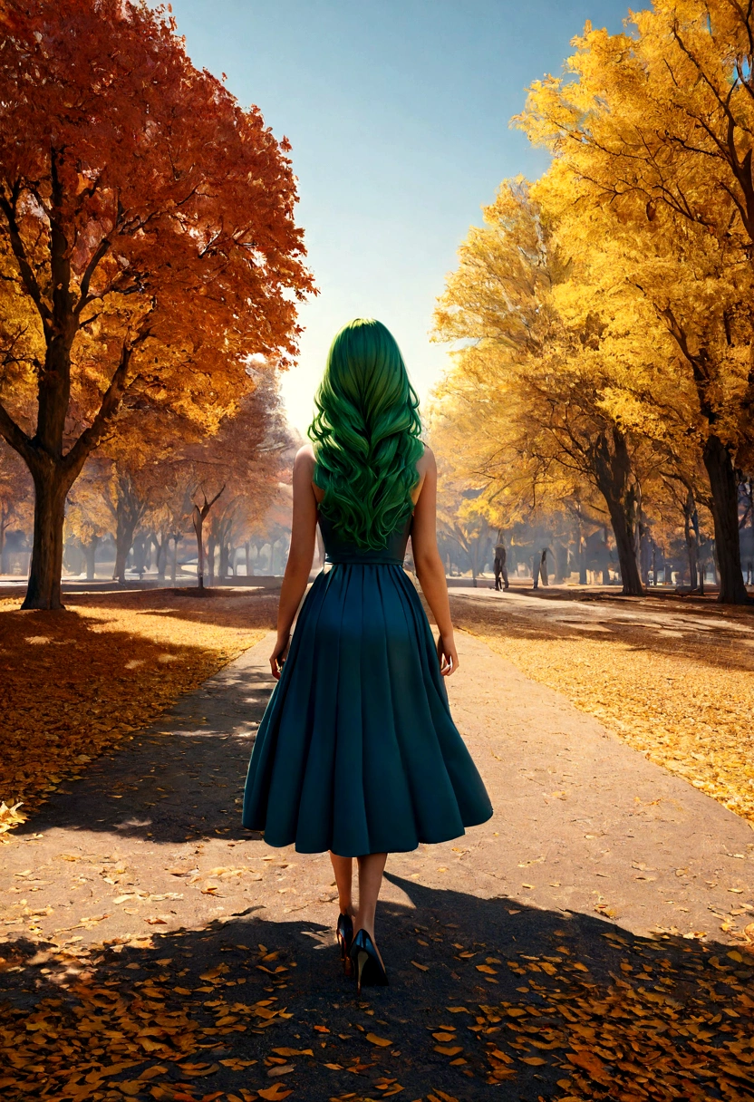 a model shot of woman walking in the park at autumn, a young woman, wearing a (short blue skirt: 1.1), (green hair: 1.1), long hair, wavy hair, high heels, strolling in the park at autumn, a shot from the rear, she is leaving, no looking back, there are leaves on the road, many leaves in red, orange and brow, full spectrum, vibrant colors, urban park at autumn background, trees with orange, red, yellow leaves, a sense of departure, glamours shot, best quality, 16k, RAW, award winning, [ultra detailed], masterpiece, best quality, (ultra detailed), full body,  photorealistic, 3D rendering, Cinematic Hollywood Film