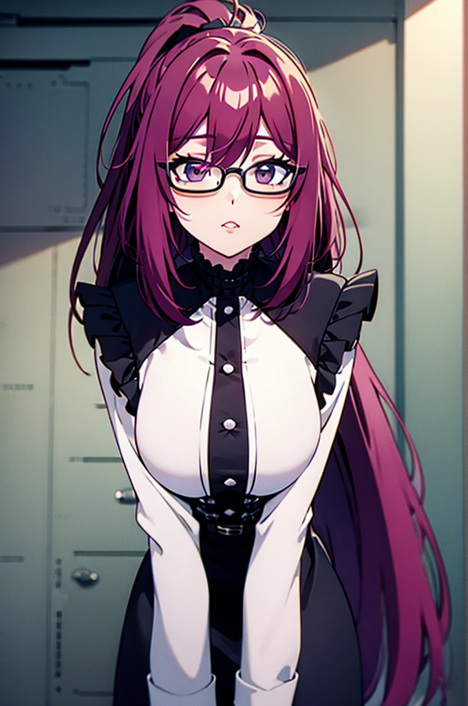 cel shading, detailed eyes, best quality, highly detailed, masterpiece, best quality, solo female, vampire woman, black square glasses, hair between eyes, long side locks, long dark red hair, detailed nose, red lipstick, hair in ponytail, ponytail, black choker, gothic black victorian dress, fullbody, standing up, looking at viewer, 