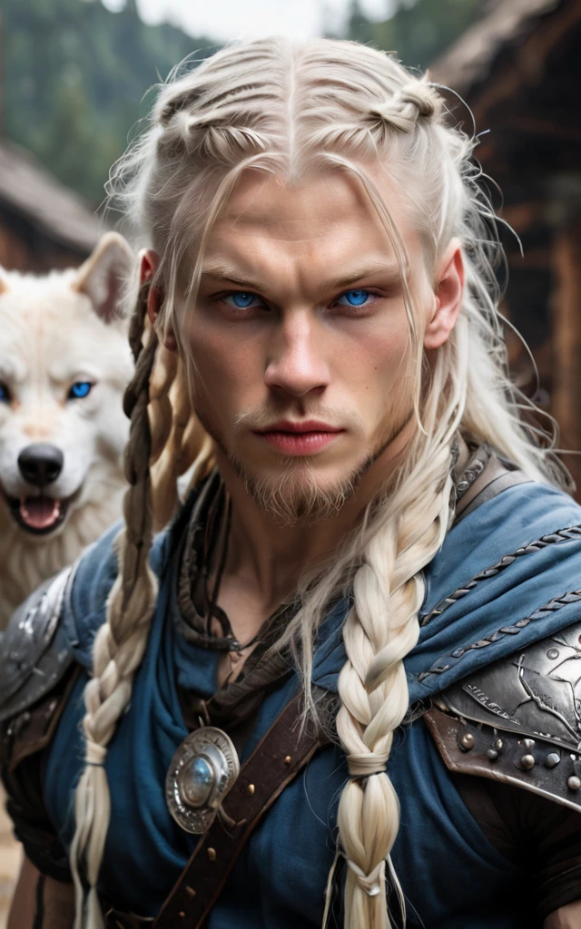 handsome male bearded,viking,albino long braids white color ,sharp crystal blue eyes,muscular ,broad shoulders,two wolves behind him