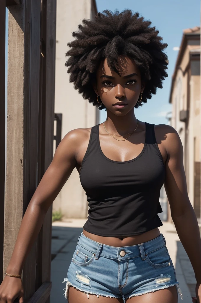 ((Extremely beautiful face)), ((very dark skin)), upper body, ((face focus)), mini tank top, short shorts, slim belly reveal, afro 