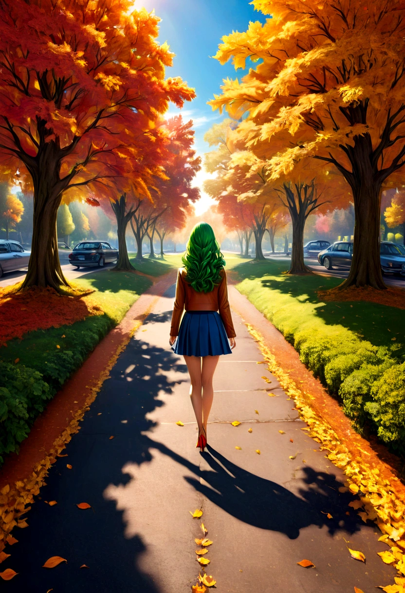 a model shot of woman walking in the park at autumn, a young woman, wearing a (short blue skirt: 1.1), (green hair: 1.1), long hair, wavy hair, high heels, strolling in the park at autumn, a shot from the rear, she is leaving, no looking back, there are leaves on the road, many leaves in red, orange and brow, full spectrum, vibrant colors, urban park at autumn background, trees with orange, red, yellow leaves, a sense of departure, glamours shot, best quality, 16k, RAW, award winning, [ultra detailed], masterpiece, best quality, (ultra detailed), full body,  photorealistic, 3D rendering, Cinematic Hollywood Film