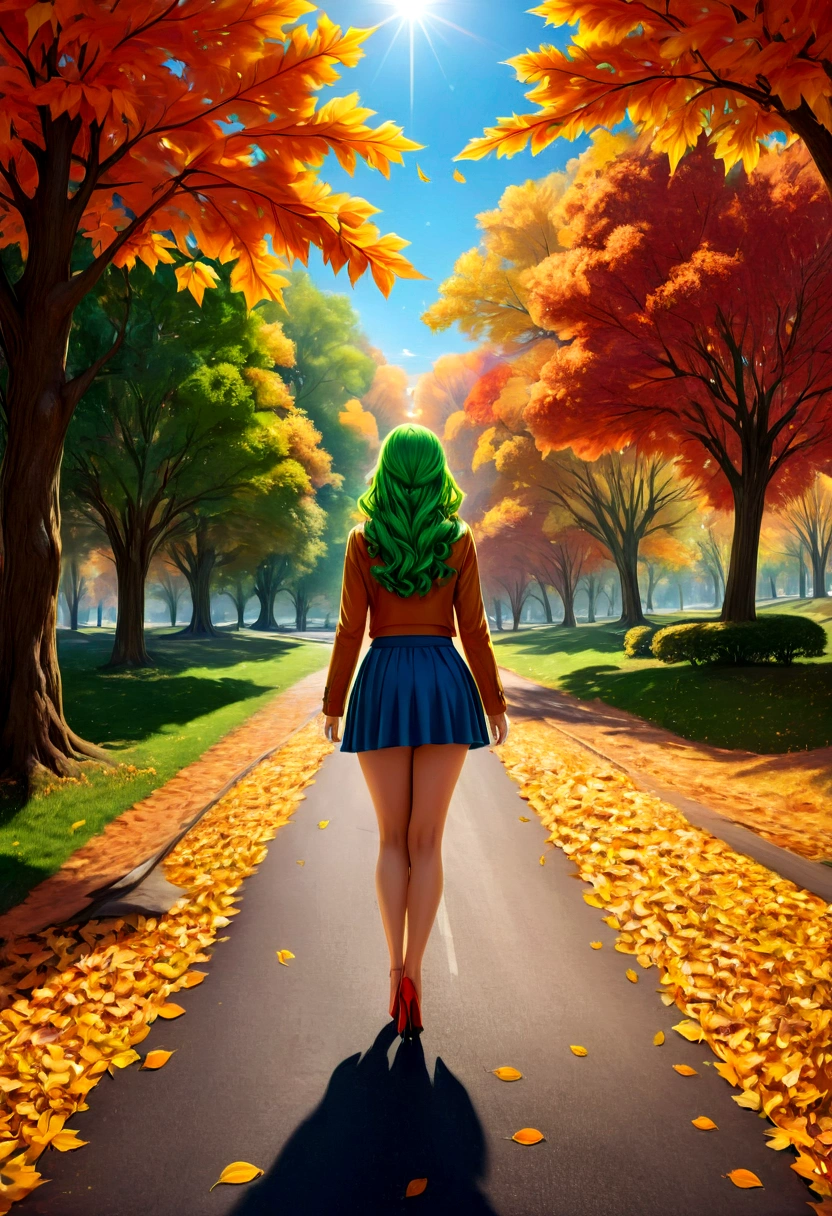 a model shot of woman walking in the park at autumn, a young woman, wearing a (short blue skirt: 1.1), (green hair: 1.1), long hair, wavy hair, high heels, strolling in the park at autumn, a shot from the rear, she is leaving, no looking back, there are leaves on the road, many leaves in red, orange and brow, full spectrum, vibrant colors, urban park at autumn background, trees with orange, red, yellow leaves, a sense of departure, glamours shot, best quality, 16k, RAW, award winning, [ultra detailed], masterpiece, best quality, (ultra detailed), full body,  photorealistic, 3D rendering, Cinematic Hollywood Film