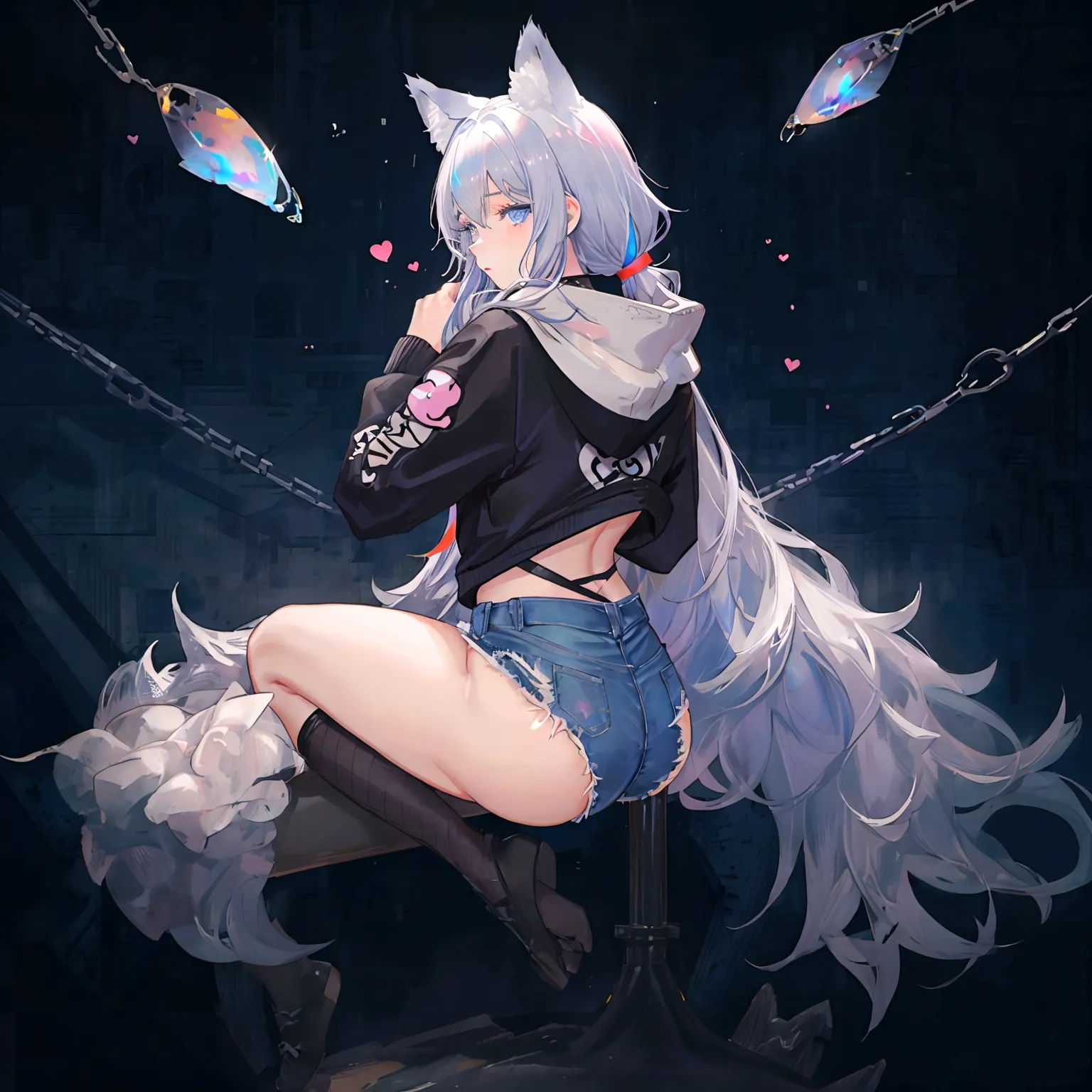 a cute adult male with wolf ears, long white hair, long locks, has a wolf tail, wearing a loose cropped oversized black hoodie, ...
