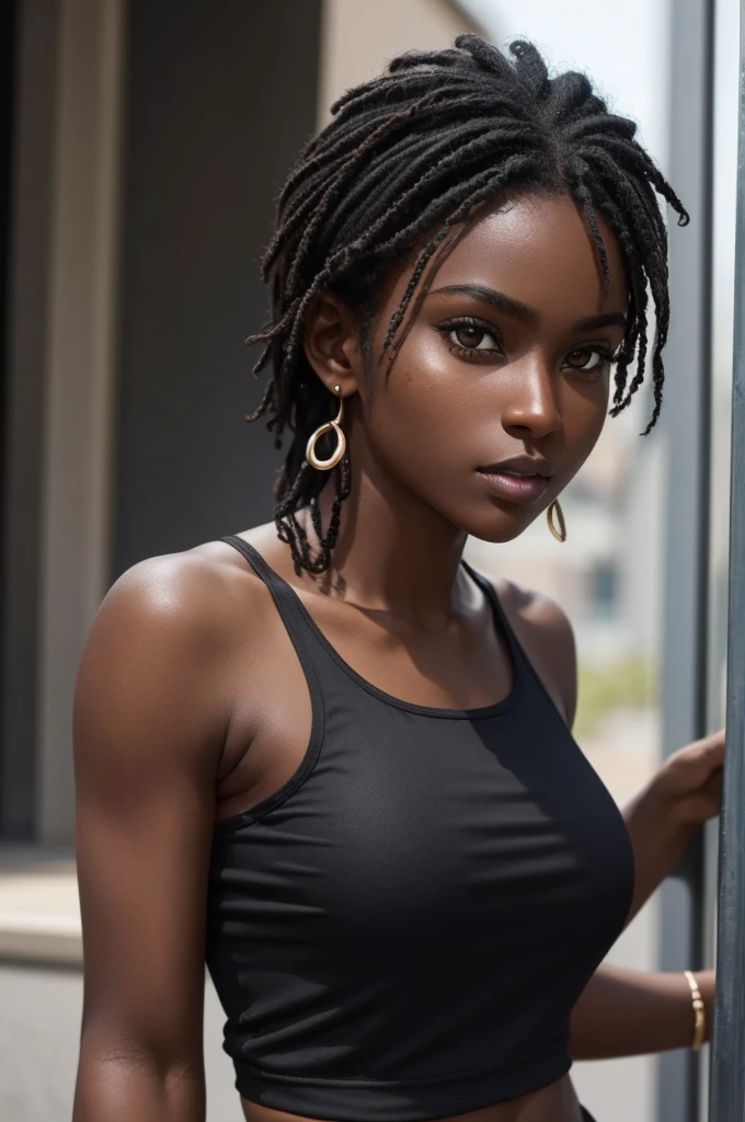 ((Extremely beautiful face)), ((very dark skin)), upper body, ((face focus)), mini tank top, short shorts,