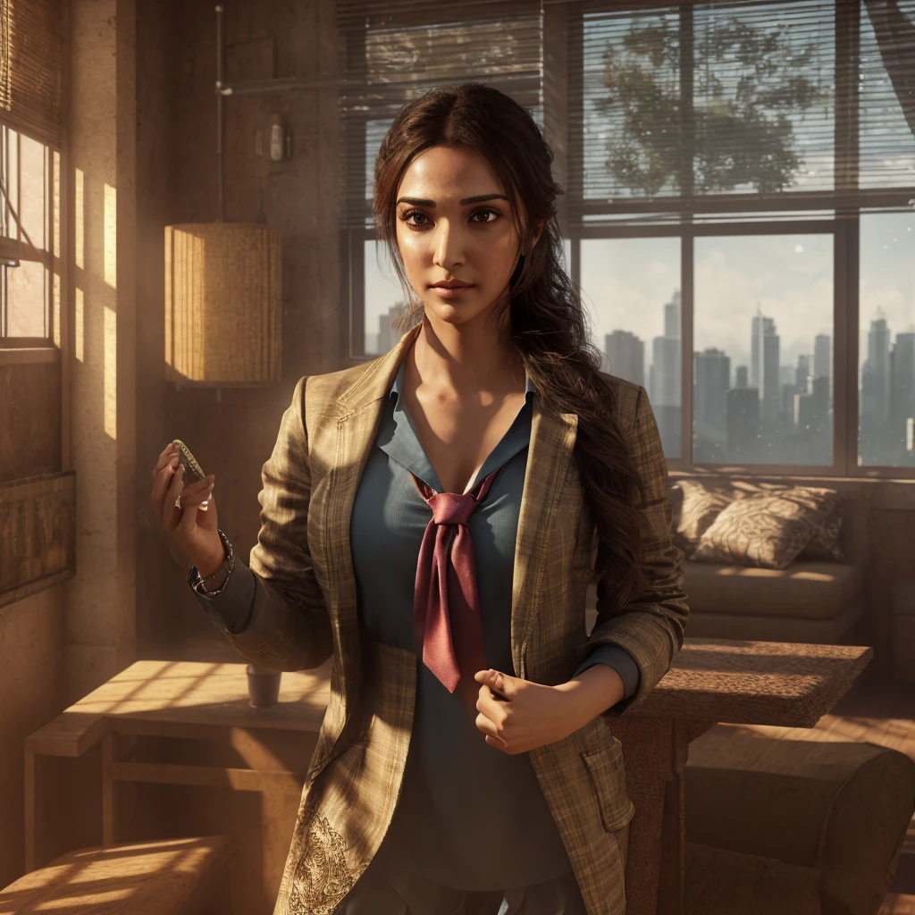 a women kiara  wearing a tie, cupcake in her hands, school, indoors, (soothing tones:1.25), (hdr:1.25), (artstation:1.2), dramatic, (intricate details:1.14), (hyperrealistic 3d render: