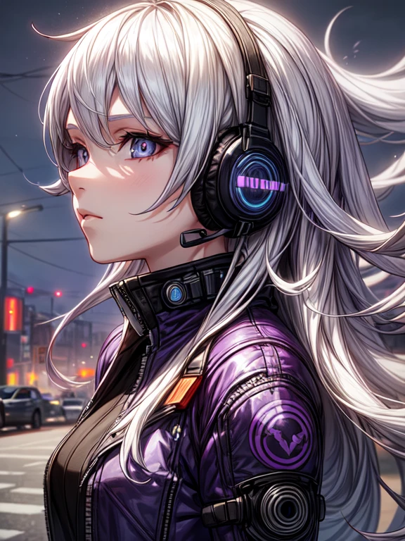 1 Girl, White hair, long hair, A masterpiece of technical clothing, Best quality, anime, realism, Dark purple jacket, portrait, Detailed eyes, wear a headset, Platinum hair, fashion pose, half of the body, wide shot, to the streets, cyberpunk