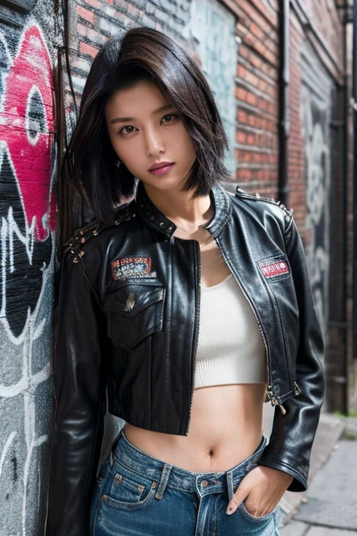 "A young Japanese woman with a cool and edgy yet sexy style, wearing a leather jacket, a crop top, ripped jeans, and combat boots. She has short, spiky black hair, dark brown eyes, a fierce and alluring expression, and is posed in an urban alleyway with graffiti on the walls."

