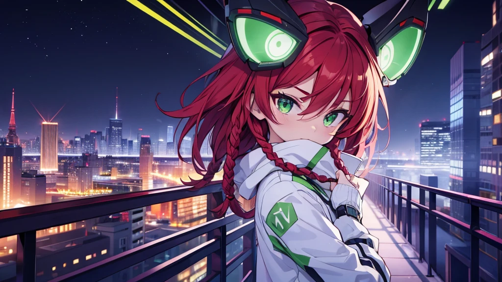 Character boy, Red Short Dreadlocks hair, Light green eye, wearing white suit, night city, high res, ultarsharp, 8K, masterpiece, looking form behind