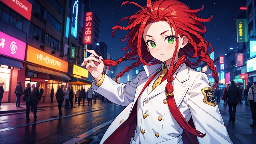 Character boy, Red Short Dreadlocks hair, Light green eye, wearing white suit, night city, high res, ultarsharp, 8K, masterpiece, looking form behind