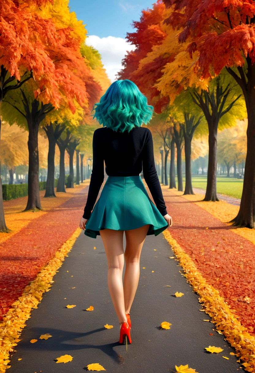 a model shot of woman walking in the park at autumn, a young woman, wearing a (short blue skirt: 1.1), (green hair: 1.1), long hair, wavy hair, high heels, strolling in the park at autumn, a shot from the rear, she is leaving, no looking back, there are leaves on the road, many leaves in red, orange and brow, full spectrum, vibrant colors, urban park at autumn background, trees with orange, red, yellow leaves, a sense of departure, glamours shot, best quality, 16k, RAW, award winning, [ultra detailed], masterpiece, best quality, (ultra detailed), full body,  photorealistic, 3D rendering, Cinematic Hollywood Film