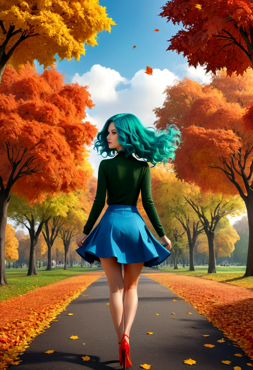 a model shot of woman walking in the park at autumn, a young woman, wearing a (short blue skirt: 1.1), (green hair: 1.1), long hair, wavy hair, high heels, strolling in the park at autumn, a shot from the rear, she is leaving, no looking back, there are leaves on the road, many leaves in red, orange and brow, full spectrum, vibrant colors, urban park at autumn background, trees with orange, red, yellow leaves, a sense of departure, glamours shot, best quality, 16k, RAW, award winning, [ultra detailed], masterpiece, best quality, (ultra detailed), full body,  photorealistic, 3D rendering, Cinematic Hollywood Film