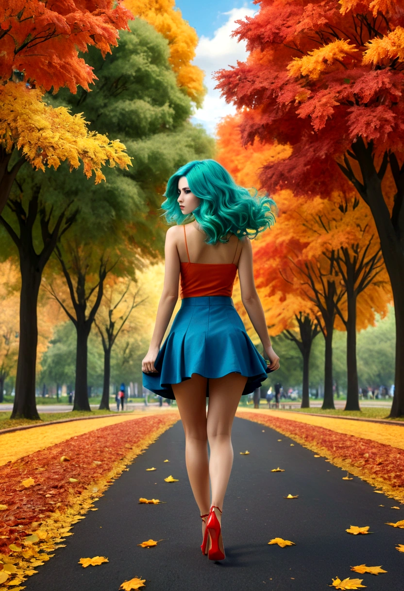 a model shot of woman walking in the park at autumn, a young woman, wearing a (short blue skirt: 1.1), (green hair: 1.1), long hair, wavy hair, high heels, strolling in the park at autumn, a shot from the rear, she is leaving, no looking back, there are leaves on the road, many leaves in red, orange and brow, full spectrum, vibrant colors, urban park at autumn background, trees with orange, red, yellow leaves, a sense of departure, glamours shot, best quality, 16k, RAW, award winning, [ultra detailed], masterpiece, best quality, (ultra detailed), full body,  photorealistic, 3D rendering, Cinematic Hollywood Film