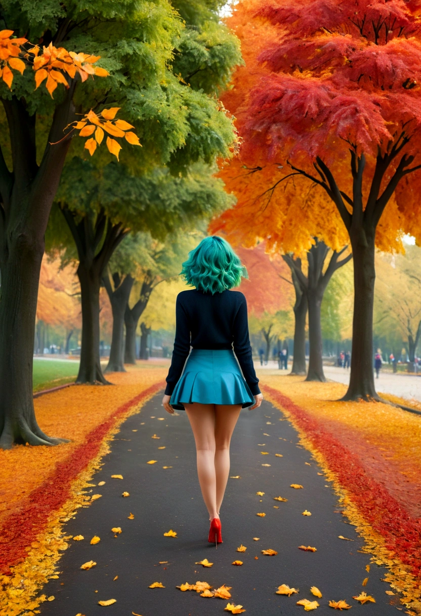 a model shot of woman walking in the park at autumn, a young woman, wearing a (short blue skirt: 1.1), (green hair: 1.1), long hair, wavy hair, high heels, strolling in the park at autumn, a shot from the rear, she is leaving, no looking back, there are leaves on the road, many leaves in red, orange and brow, full spectrum, vibrant colors, urban park at autumn background, trees with orange, red, yellow leaves, a sense of departure, glamours shot, best quality, 16k, RAW, award winning, [ultra detailed], masterpiece, best quality, (ultra detailed), full body,  photorealistic, 3D rendering, Cinematic Hollywood Film