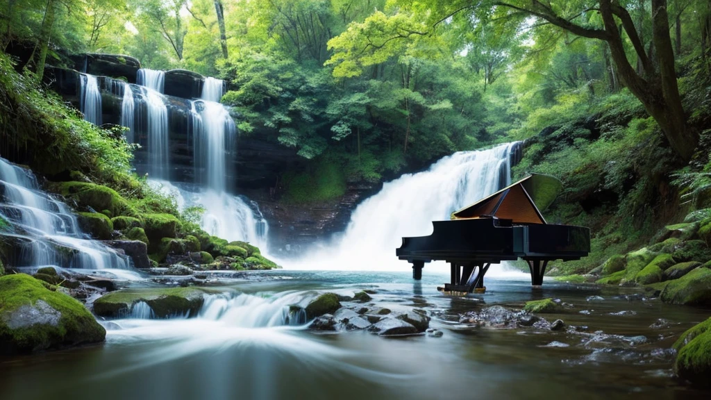 A grand piano placed near a stream flowing from a waterfall、White ...