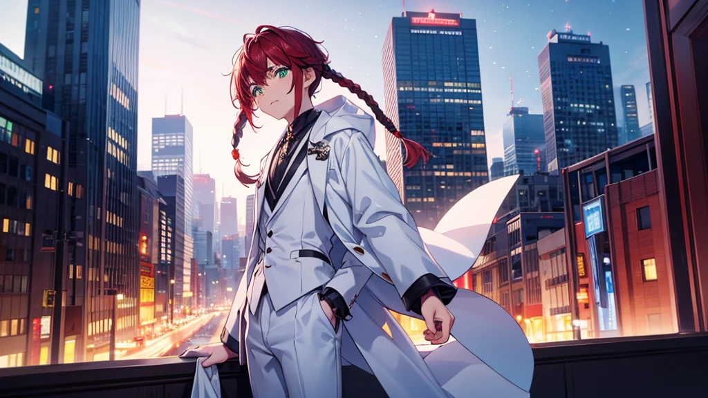 Character boy, Short Dreadlocks hair, Half black Red hair color, Light green eye, wearing white suit, night city, high res, ultarsharp, 8K, masterpiece, looking form behind