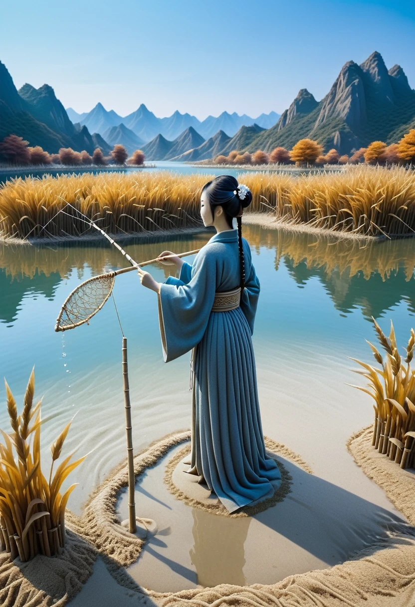 Sand sculpture style,  Ultra-clear details，The autumn water and the sky are the same color：By the lake，A woman wearing blue Hanfu，Handheld fishing net，Gazing at the sparkling water，Reeds swaying all around，The distant mountains are like daisy，The sky and the lake merge，A tranquil autumn scenery。