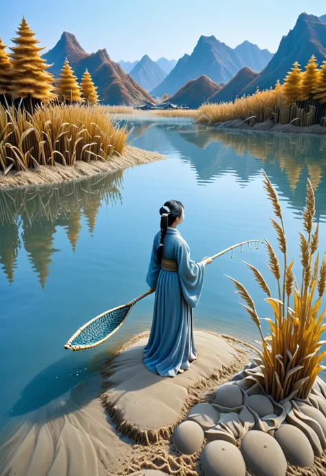 sand sculpture style,  ultra-clear details，the autumn water and the sky are the same color：by the lake，a woman wearing blue hanf...