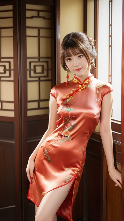 visualizador, Segurando um gato japonês. Menina japonesa ,  ,(cabelo médio, cabelo castanho, franja, sorridente),(seios médios, whist delgado, quadril médio, cabelo público) ,(((Vestido chinês cheongsam vermelho de seda com gola alta para mulheres, padrão floral))),sapatos tradicionais chineses
, de pé, vista frontal, iluminação do sol (obra de arte, mais alta qualidade, Muito detalhado, Resolução ultra-alta, (photoPrático:1.4), foto original, (Prático:0.2), 8k hdr,)