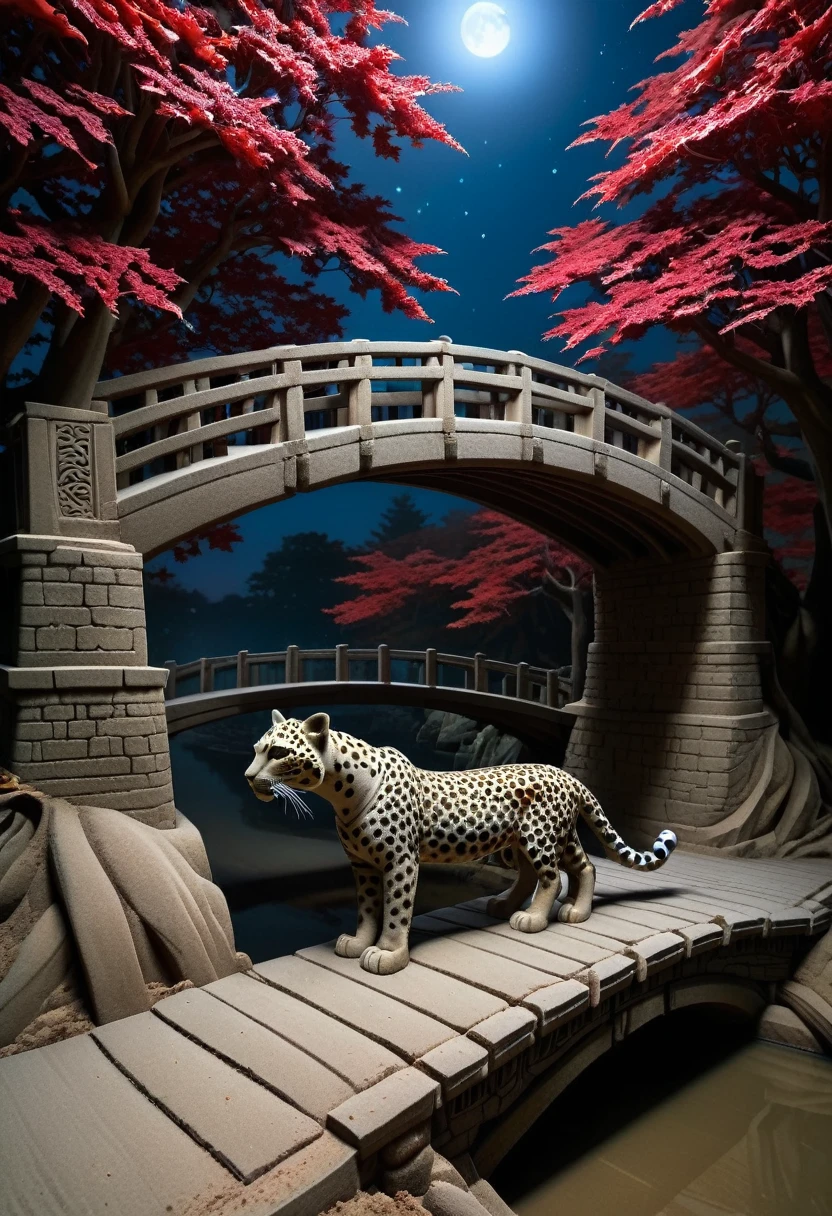 Sand sculpture style,  Ultra-clear details，Spectacular sights，Maple Bridge Night Park：On the ancient bridge，A leopard，Poetry scroll in hand，A hint of melancholy is revealed between the eyebrows，Red maple leaves all around，Water gurgles under the bridge，Moonlight on the bridge，Create a poetic night scene。