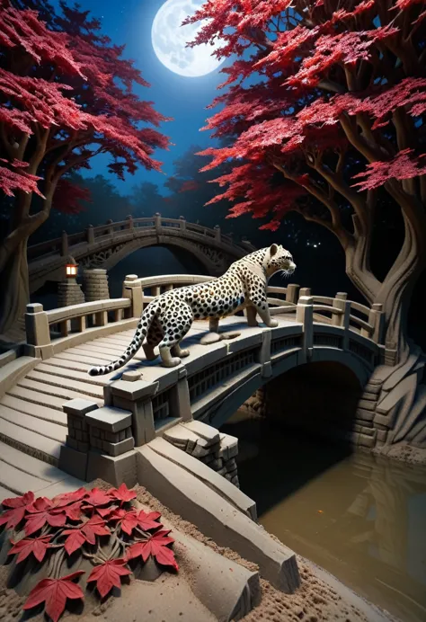 sand sculpture style,  ultra-clear details，spectacular sights，maple bridge night park：on the ancient bridge，a leopard，poetry scr...