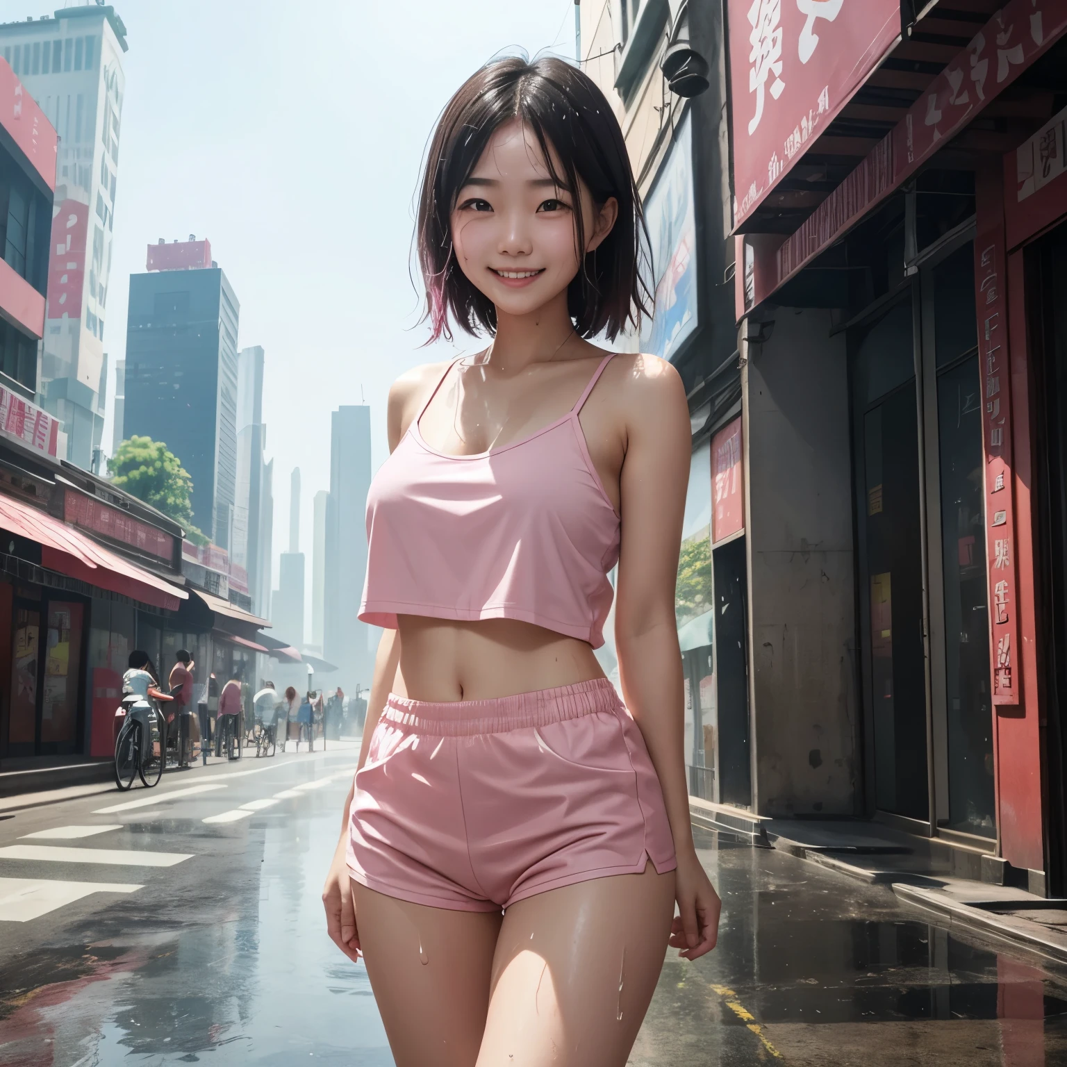 A girl whose whole body is soaked with sweat。Smiling and sweating on my forehead。The background is an urban city。Water leaking from the crotch。The outfit is a short pink camisole.。