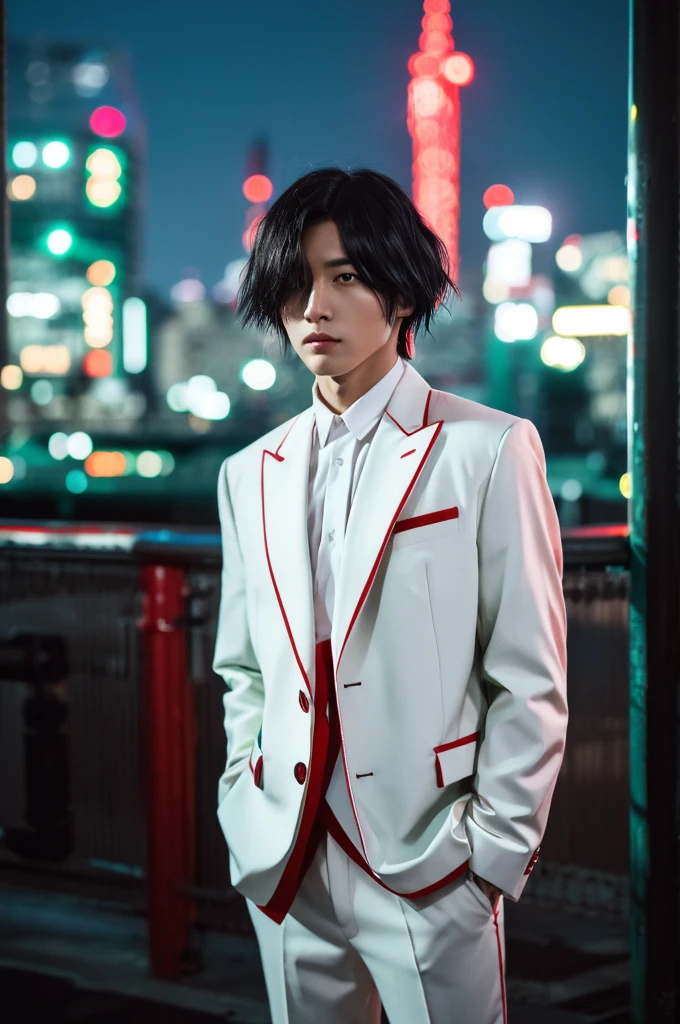 Character boy, Short Dreadlocks hair, Half black and Red hair color, Light green eye, wearing white suit, night city, high res, ultarsharp, 8K, masterpiece, looking form behind