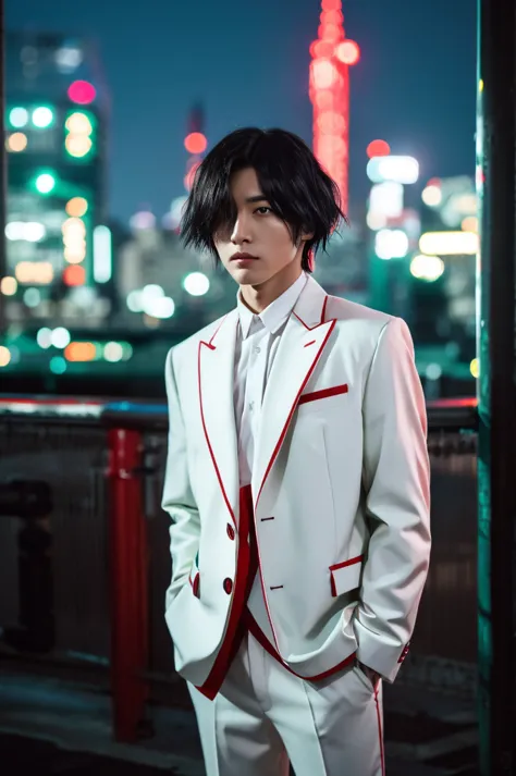 character boy, short dreadlocks hair, half black and red hair color, light green eye, wearing white suit, night city, high res, ...