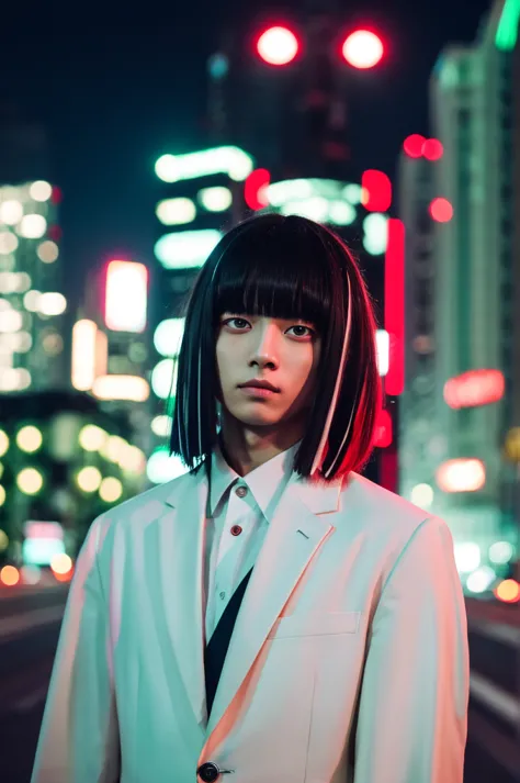 character boy, short dreadlocks hair, half black and red hair color, light green eye, wearing white suit, night city, high res, ...