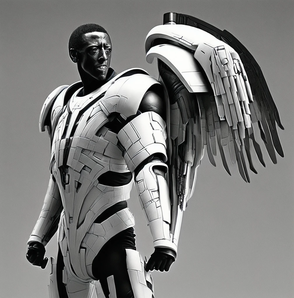 Wesley Snipes como Michael, la mano derecha del creador. Co-Líder de los Arcángeles, Un escuadrón de guerreros futuristas y técnicamente avanzados.. Ancient, pero no viejo. poderoso, CON un traje exo-mecha alado blanco y negro, ajuste apretado, cara abierta, con corona HALO dorada futurista/Casco con visera
