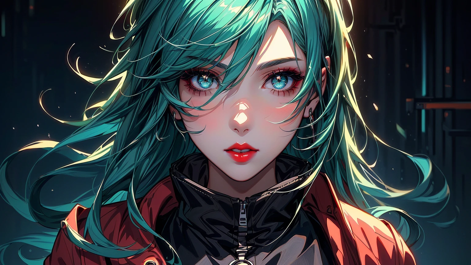 anime girl with green hair and grey eyes in a dark room, artwork in the style of guweiz, guweiz, anime style 4 k, digital cyberpunk anime art, guweiz masterpiece, guweiz on artstation pixiv, guweiz on pixiv artstation, anime art wallpaper 8 k, anime art wallpaper 4 k ,red lips, Black eyeshadow around the eyelid, 