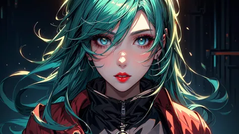 anime girl with green hair and grey eyes in a dark room, artwork in the style of guweiz, guweiz, anime style 4 k, digital cyberp...