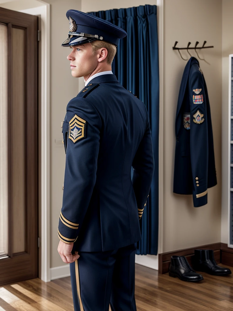 A handsome blond guy, 17 years old, looks at the ceremonial officer's uniform of a "Navy Seal" with awards, which hangs on a suit hanger standing on the floor, and engages in masturbation. Watching him from behind is a naked, blond, muscular Navy SEAL officer, 35 years old, handsome and arrogant. The officer has a big dick, an erection, and a boner.