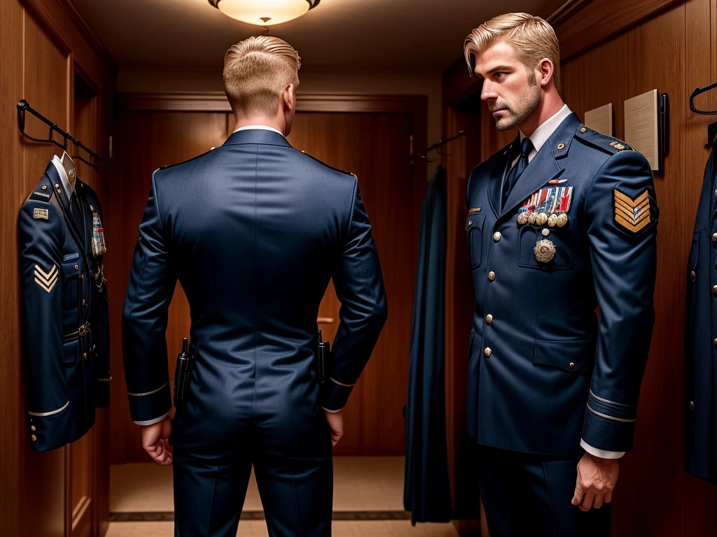 A handsome blond guy, 17 years old, looks at the ceremonial officer's uniform of a "Navy Seal" with awards, which hangs on a suit hanger standing on the floor, and engages in masturbation. Watching him from behind is a naked, blond, muscular Navy SEAL officer, 35 years old, handsome and arrogant. The officer has a big dick, an erection, and a boner.