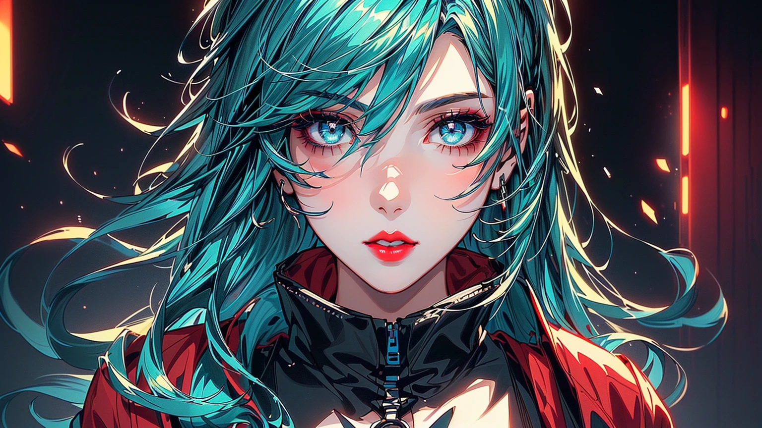 anime girl with green hair and grey eyes in a dark room, artwork in the style of guweiz, guweiz, anime style 4 k, digital cyberpunk anime art, guweiz masterpiece, guweiz on artstation pixiv, guweiz on pixiv artstation, anime art wallpaper 8 k, anime art wallpaper 4 k ,red lips, Black eyeshadow around the eyelid, black dress