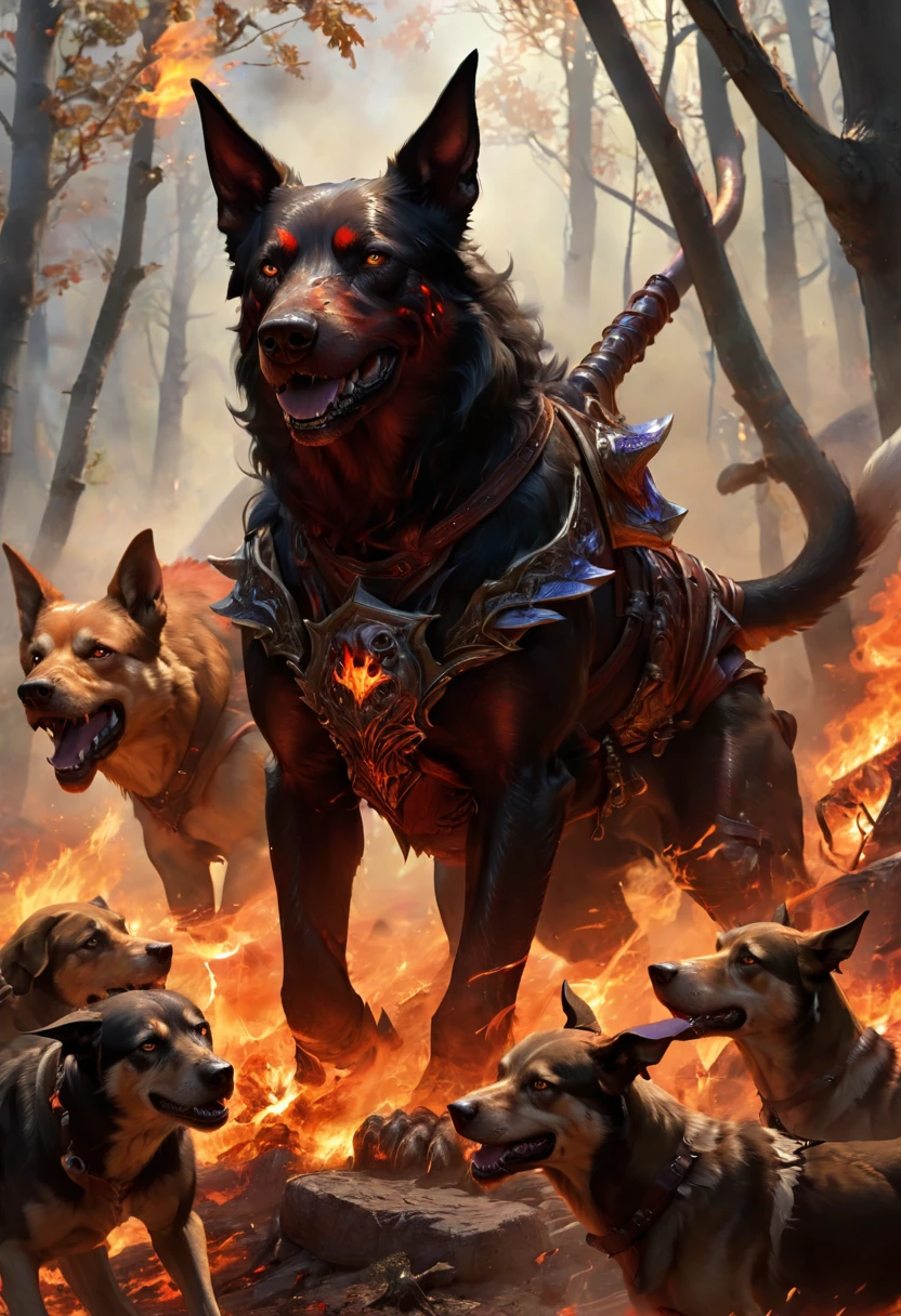 A typical hell hound stands 4–5 feet tall at the shoulder and weighs 120 pounds. Efficient hunters, a favorite pack tactic is to surround prey quietly, then attack with one or two hounds, driving prey toward the rest of the pack with their fiery breath. If the prey doesn’t run, the pack closes in. Hell hounds track fleeing creatures relentlessly. Hell hounds are particularly favored by fire giants, as the creatures are immune to fire and share the fire giant’s sense of cruelty when it comes to handling intruders. Only when a fire giant goes too far toward treating a relatively intelligent hell hound like a pet do such alliances begin to falter. ((best quality, masterpiece, representative work, official art, professional, ultra intricately detailed, 8k)) ((very realistic))
