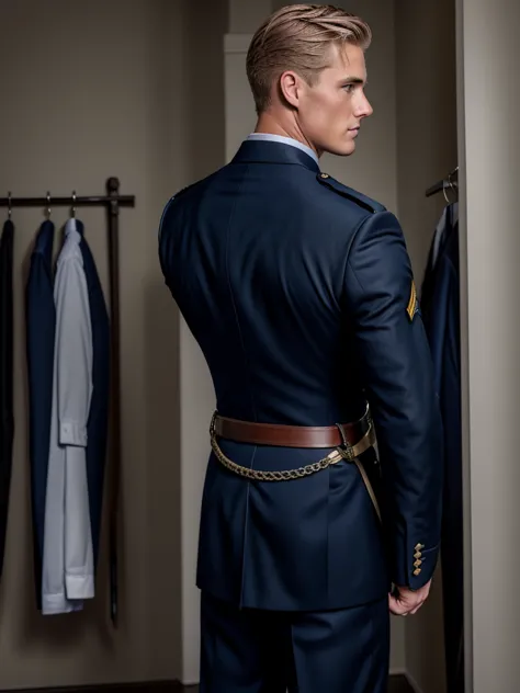 A handsome blond guy, 17 years old, looks at the ceremonial officer's uniform of a "Navy Seal" with awards, which hangs on a sui...