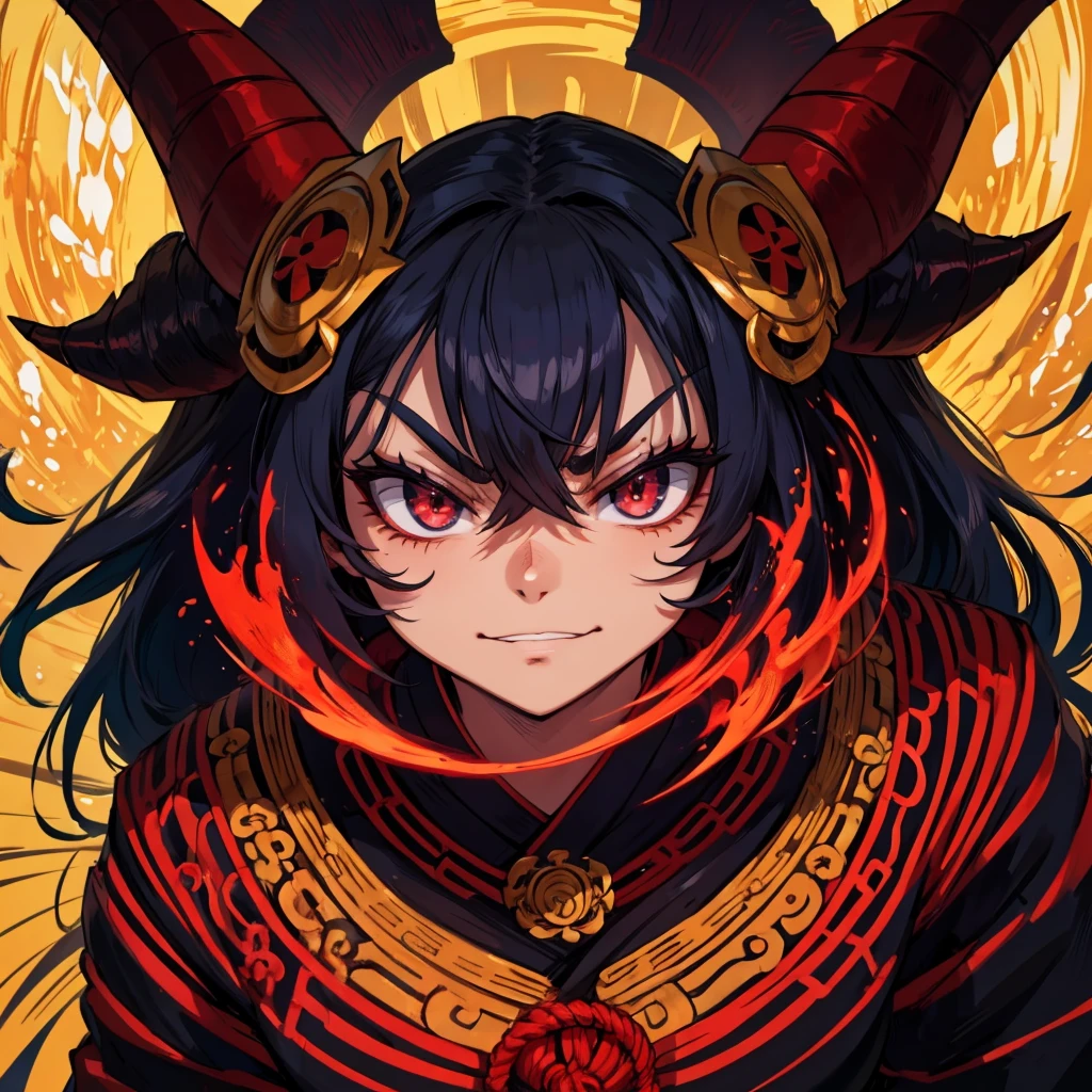 A convincing anime-style Oni mask should be impactful and packed with features that evoke power and mystery.. Starting with the facial shape, cobre toda a face com contornos angulares e expressivos. Two curved horns stand out from the temples, symbolizing power and malice. Large, wide eyes have vertical pupils, conveying a penetrating and menacing gaze, with angular eyebrows that express anger or determination. A boca larga exibe dentes afiados, incluindo uma presa longa para um sorriso sinistro. The strong, square jaw reinforces an appearance of robustness and strength. The rough, wrinkled texture of the skin, com linhas marcadas, enhances facial contours. Cores vibrantes como vermelho, preto e azul escuro, com detalhes em dourado ou prateado, intensificam o aspecto sobrenatural. Cultural elements like floral or wave patterns add traditional Japanese flair, while mystical inscriptions suggest demonic origins. Em conjunto, these features create a stunning Oni mask, rooted in anime aesthetics and loaded with symbolism and visual impact.