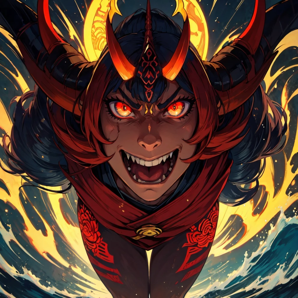 A convincing anime-style Oni mask should be impactful and packed with features that evoke power and mystery.. Starting with the facial shape, cobre toda a face com contornos angulares e expressivos. Two curved horns stand out from the temples, symbolizing power and malice. Large, wide eyes have vertical pupils, conveying a penetrating and menacing gaze, with angular eyebrows that express anger or determination. A boca larga exibe dentes afiados, incluindo uma presa longa para um sorriso sinistro. The strong, square jaw reinforces an appearance of robustness and strength. The rough, wrinkled texture of the skin, com linhas marcadas, enhances facial contours. Cores vibrantes como vermelho, preto e azul escuro, com detalhes em dourado ou prateado, intensificam o aspecto sobrenatural. Cultural elements like floral or wave patterns add traditional Japanese flair, while mystical inscriptions suggest demonic origins. Em conjunto, these features create a stunning Oni mask, rooted in anime aesthetics and loaded with symbolism and visual impact.