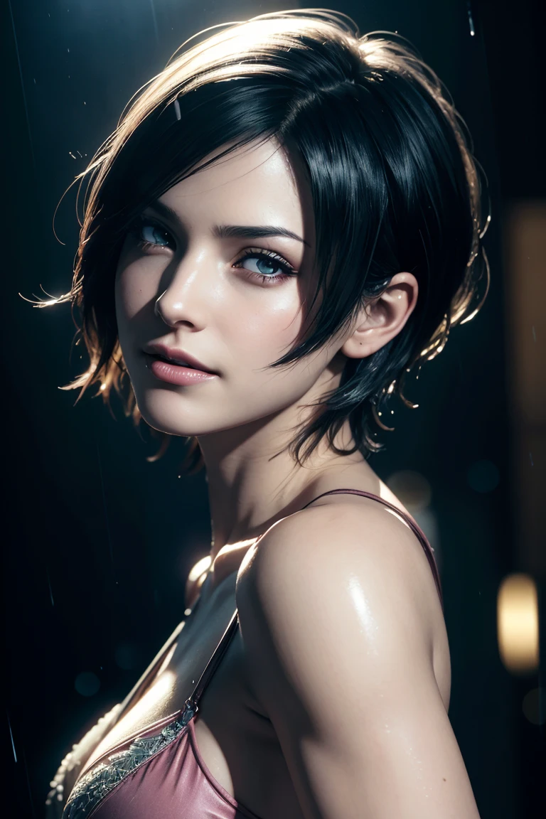 Resident Evil 6,Ada,Short Hair,Photorealistic,Ultra HD,high quality,masterpiece,Digital SLR,Detailed details,Intricate details,Anatomical basis,Depicted in detail,A detailed face,Realistic skin texture,Vivid details,Perfect Anatomy,Perfect Anatomy,Anatomically correct hand,Anatomically correct fingers,Super Detail,Complex 3D rendering,Sexy pose,Beautiful morning glory(flower),Rainy Sky,Beautiful scenery,Fantastic rainy sky,Picturesque,Pink Lips,smile,Fantastic butterflies々,