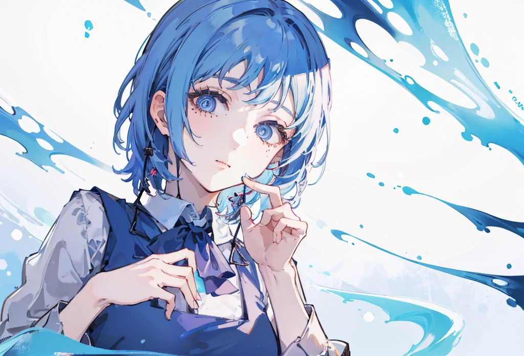 (girl 1) long faded bright blue hair, (blank white background) Standing position facing the side, the hand pose is up to you, the fingers are perfect 