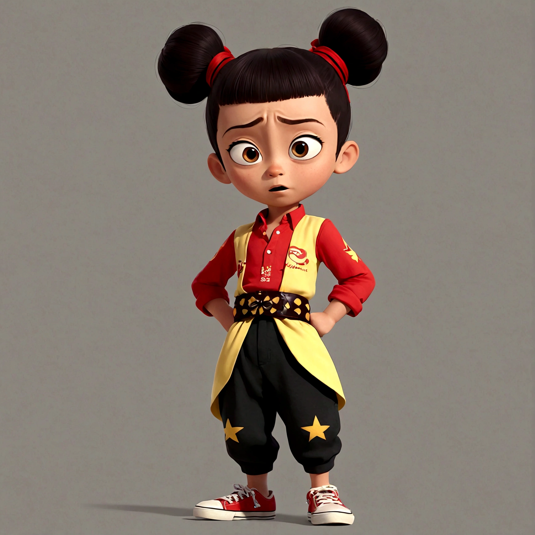 1boy，Cartoon Characters，Double bun，Red hair band，Red shirt，belt，Black pants，barefoot，solo