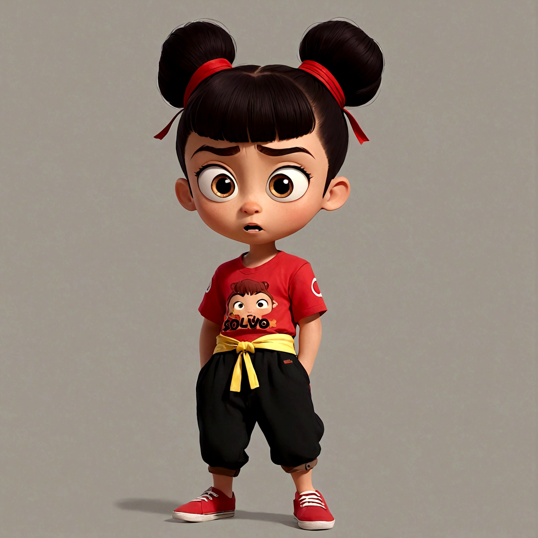 1boy，Cartoon Characters，Double bun，Red hair band，Red shirt，belt，Black pants，barefoot，solo