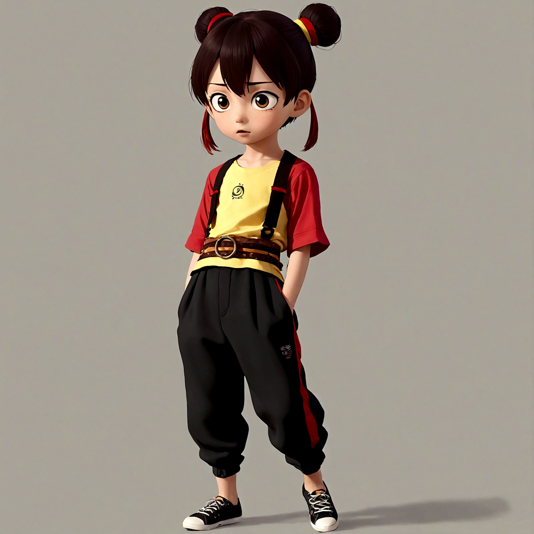 1boy，Cartoon Characters，Double bun，Red hair band，Red shirt，belt，Black pants，barefoot，solo