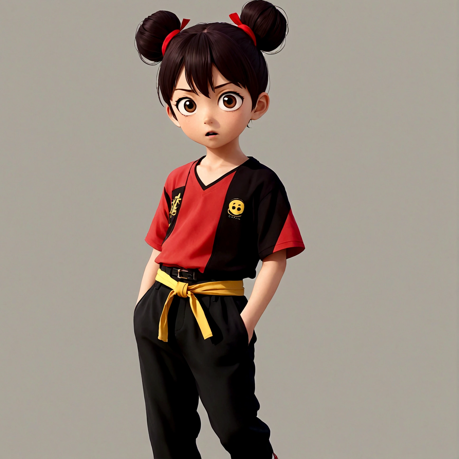 1boy，Cartoon Characters，Double bun，Red hair band，Red shirt，belt，Black pants，barefoot，solo