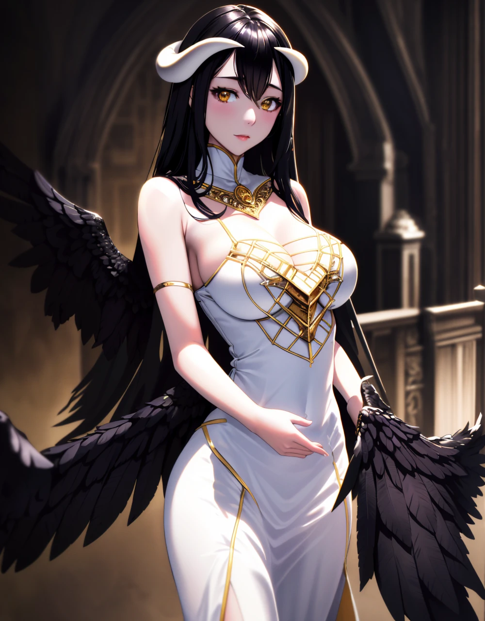 A high resolution, Sharp focus, Pixiv masterpiece, ((Intricate details)), Highly detailed, 1girll, Black wings, Gold-white dress, White horns, Albedo_Overlord, Black hair, (Low wing,:1.1), Upper body, castle on the background